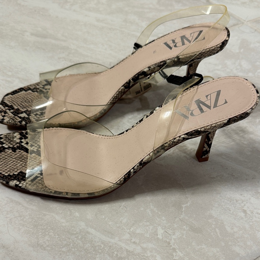 Zara Snakeskin and Clear Strap Heels